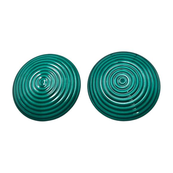 Pierced Green Button Chunky Earrings Spiral Circles Design Retro Classic Style - Picture 1 of 6